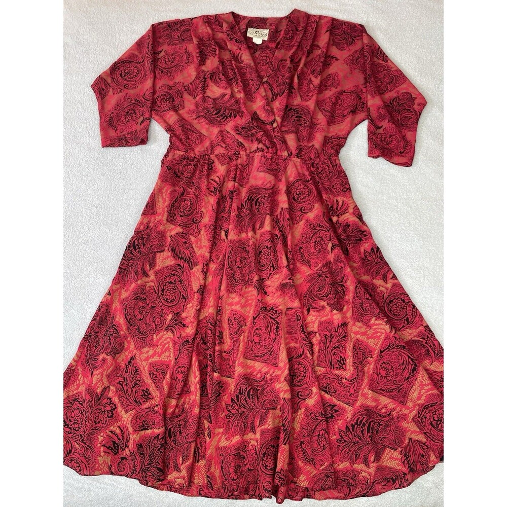 On The Rocks Vintage Dress Women's 11/12 Red Black Gold Floral Print 80s Pockets
